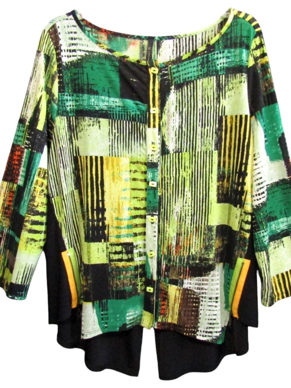IC by Connie K Black Green Yellow Geometric Top XL Rectangle Buttons Split Back